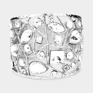 Silver Wide Crystal Metal Multi Stone Hinged Style Chunky Cuff Bracelet